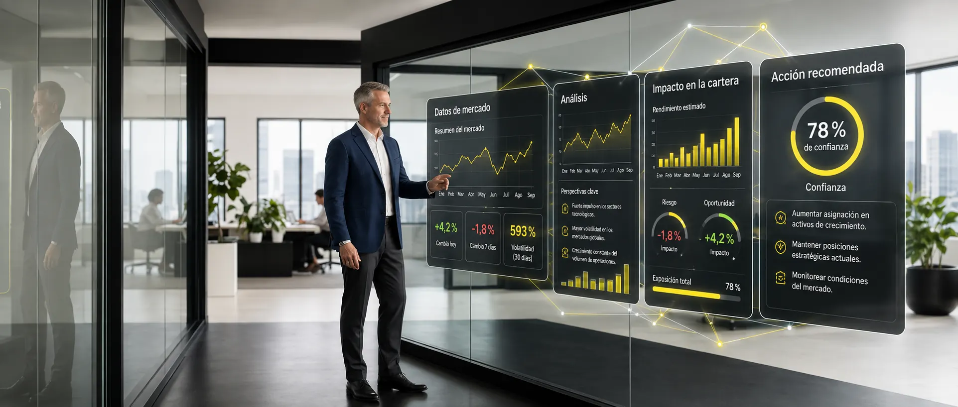 Investor reviewing Immediate AlphaAi analytics on a glass display