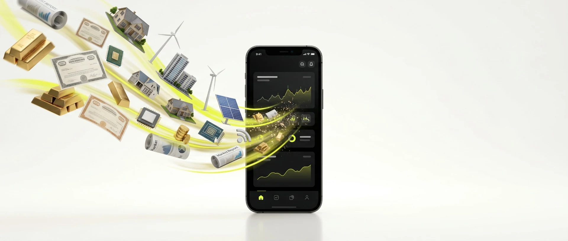 Immediate AlphaAi platform showcase with diverse assets flowing into the app